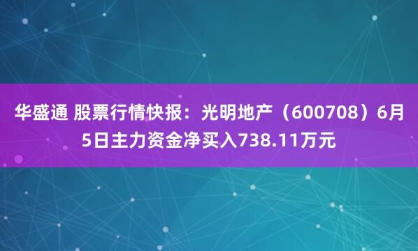 华盛通 股票行情快报：光明地产（600708）6月5日主力资金净买入738.11万元
